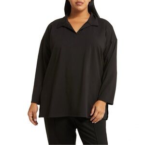 Eileen Fisher Boxy Split Neck Tunic Top Sz XL Black